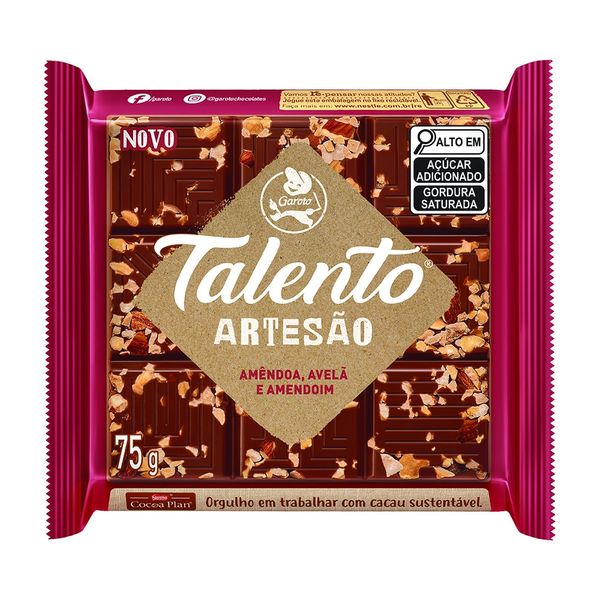 Chocolate Talento Artesão Amêndoa Avelã e Amendoim 75g