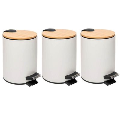 Kit 3 Lixeiras Redonda 5L Metal com Pedal Branca Tampa Bambu Balde Interno Banheiro Genebra