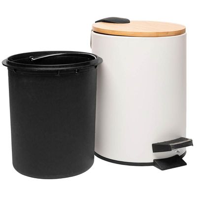 Kit 3 Lixeiras Redonda 5L Metal com Pedal Branca Tampa Bambu Balde Interno Banheiro Genebra