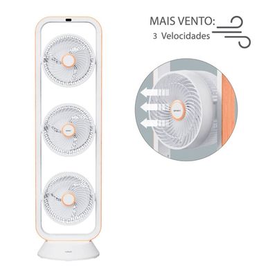Ventilador de Torre Spirit Robot Triplo 130W com 3 Velocidades, Controle Remoto e Painel Digital com Display LED Branco com Caramelo / 220V