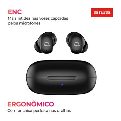 Fone de Ouvido Aiwa Earbud AWS-EB-03-B Bluetooth IPX5 ANC Modo Ambiente Preto