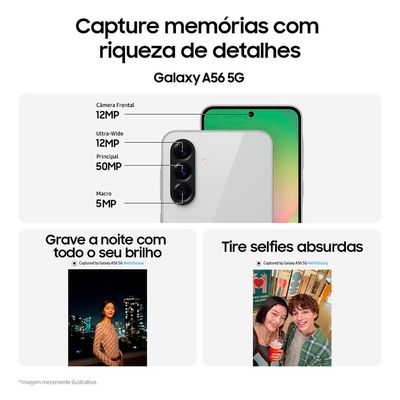 Smartphone Samsung Galaxy A56 5G Preto 256GB 8GB RAM, Câmera Tripla até 50MP, Tela Super AMOLED 6.7, IP67, NFC, Vídeo HDR e Recursos AI Preto
