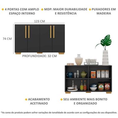 Aparador Buffet 4 Portas Com Pés Quadrados Preto/natural
