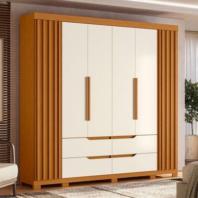 Guarda-Roupa Casal Palumóveis Doble com Cabideiro, 6 Portas de Bater e 4 Gavetas Cinamomo/Off White