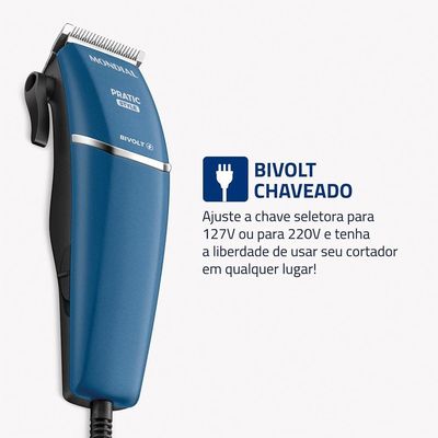 Máquina de Cortar Cabelo Mondial Pratic Style CR-10 com 8 Acessórios, Lâminas em Aço Inox Azul / Bivolt
