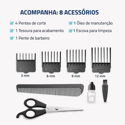 Máquina de Cortar Cabelo Mondial Pratic Style CR-10 com 8 Acessórios, Lâminas em Aço Inox Azul / Bivolt