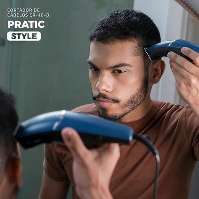Máquina de Cortar Cabelo Mondial Pratic Style CR-10 com 8 Acessórios, Lâminas em Aço Inox Azul / Bivolt