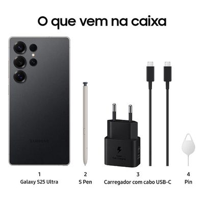 Smartphone Samsung Galaxy S25 Ultra 256GB, Tela 6.9, 12GB RAM, AI Inteligência Artificial, IP68, S-Pen, Snapdragon 8 Elite e 4 Câmeras Titânio Preto