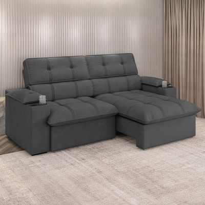 Sofá 4 Lugares Luizzi Besthouse Liverpool Slim com Assento Retrátil e Reclinável, Revestido em Suede - 240cm de Largura Titânio