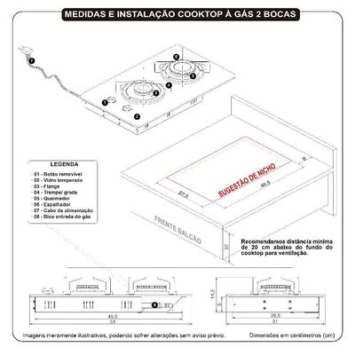 Cooktop À Gás 2 Bocas Ndl Vidro Flange Inox Preto Bivolt Bivolt
