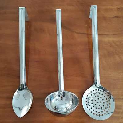 Jogo 3 Utensílios Restaurante Escumadeira Colher de Arroz Concha Grandes Brinox Cozinha Industrial Inox