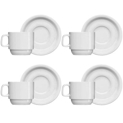 Jogo 4 Xícaras de Chá com Pires de Porcelana 215ml Classe Única Iguaçu Germer Branco