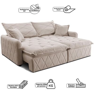 Sofá 3 lugares Cama inBox Sublime com Assento Retrátil e Encosto Reclinável em Boucle Bege Claro
