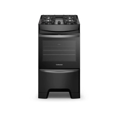 Fogão Continental 4 Bocas FC4GB Preto com Mesa de Vidro, Forno Eco Turbo e Grades de Ferro Fundido Preto / Bivolt