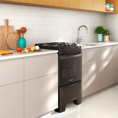 Fogão Continental 4 Bocas FC4GB Preto com Mesa de Vidro, Forno Eco Turbo e Grades de Ferro Fundido Preto / Bivolt