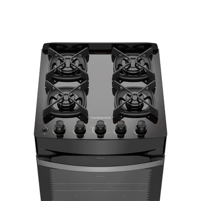 Fogão Continental 4 Bocas FC4GB Preto com Mesa de Vidro, Forno Eco Turbo e Grades de Ferro Fundido Preto / Bivolt