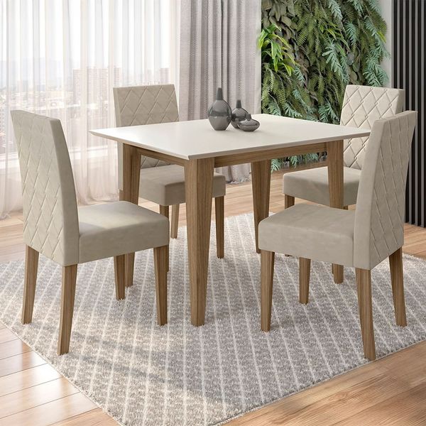 Mesa de Jantar Retangular Poliman Kate com 4 Cadeiras Estofadas e Revestidas em Suede Carvalho e Branco
