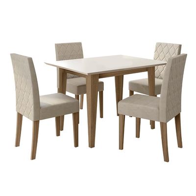 Mesa de Jantar Retangular Poliman Kate com 4 Cadeiras Estofadas e Revestidas em Suede Carvalho e Branco