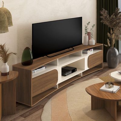 Rack Artely Elegance com 2 Portas, 7 Nichos, 220cm de Largura, Ideal para Tvs de até 86 Artely Cedro com Off White