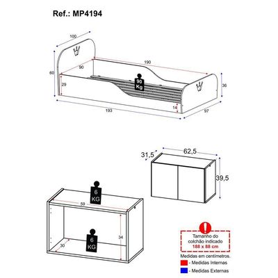 Cama Infantil Montessoriana P Colchão 88 X 188cm Mesa De Cabeceira Multimóveis Mp4194 Branca Branco