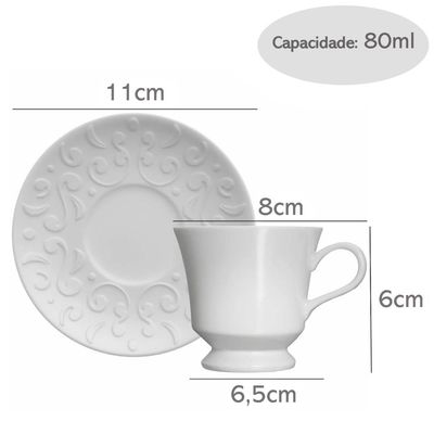 Conjunto 6 Xícaras de Café com Pires 80ml Porcelana em Relevo Tassel Germer Branco