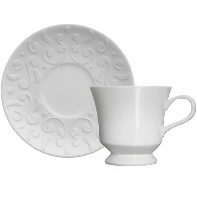 Conjunto 6 Xícaras de Café com Pires 80ml Porcelana em Relevo Tassel Germer Branco