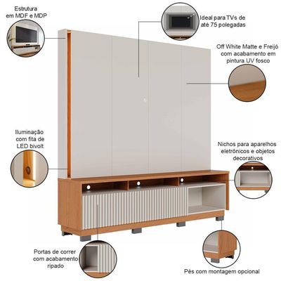 Estante Painel Para Tv 75 Pol Led 200cm Yarden C04 Off White Matte Freijó - Lyam Decor