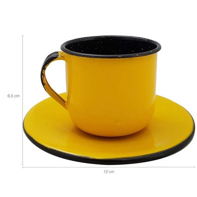 Kit Bule Café Chá Com 6 Xícaras Pires Açucareiro Aço Esmaltado Amarelo