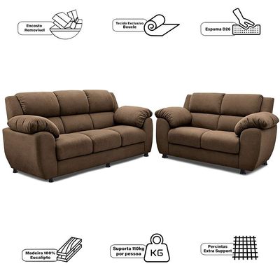 Sofá de 3 e 2 Lugares Cama inBox Paris com 202cm e 152cm de Larguras e Revestidos em Bouclé Marrom