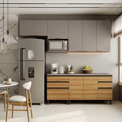 Cozinha Bartira Cristal com 7 Portas, 6 Gavetas, 4 Prateleiras e Nicho para Micro-ondas - 260cm de largura Lâmina Mel/Nude