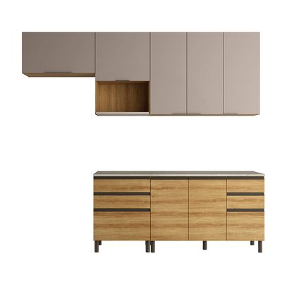Cozinha Bartira Cristal com 7 Portas, 6 Gavetas, 4 Prateleiras e Nicho para Micro-ondas - 260cm de largura Lâmina Mel/Nude