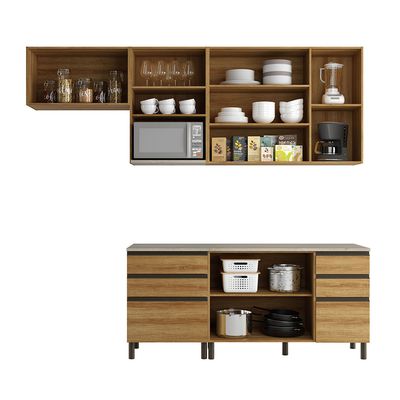 Cozinha Bartira Cristal com 7 Portas, 6 Gavetas, 4 Prateleiras e Nicho para Micro-ondas - 260cm de largura Lâmina Mel/Nude
