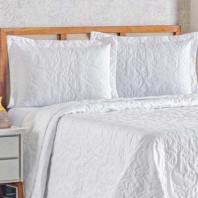 Kit Cobre Leito Colcha Celeste Queen 3 Peças Matelado Floral 180 Fios - Branco