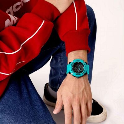 Relógio Esportivo Masculino Dupla Exibição De Quartzo Pulseira Silicone 5atm À Prova Da Água Azul