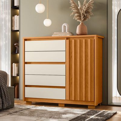 Cômoda Sapateira Palumoveis Duetto com 5 Gavetas e 1 Porta Cinamomo/Off White