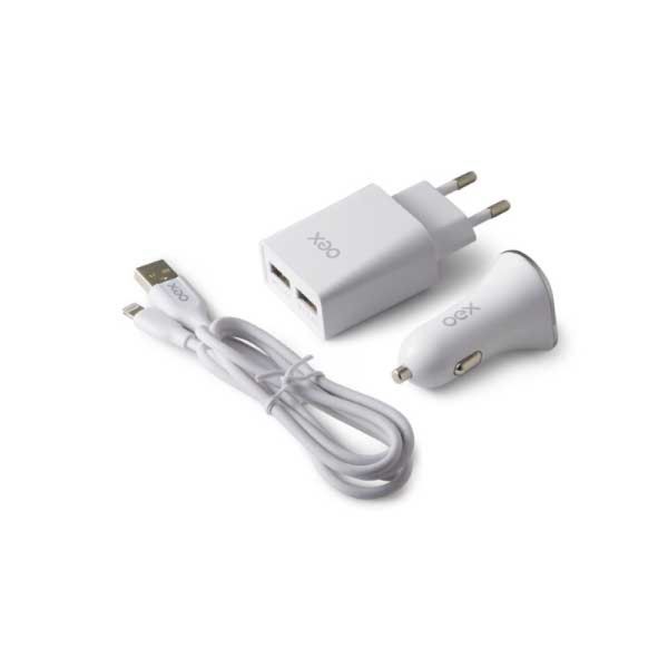 Jogo 3 em 1 Lightning Oex Carregador automotivo + carregador tomada + cabo Branco KV101