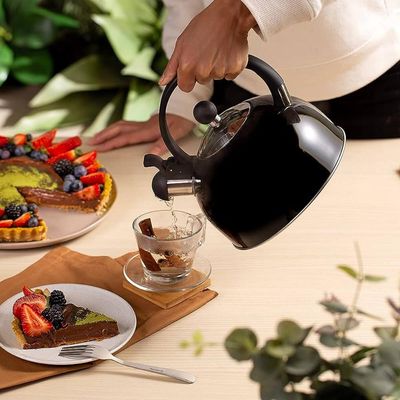 Chaleira de Inox com Apito 1,75L Cabo Fixo Preta Hercules para Cozinha Esquentar Ferver