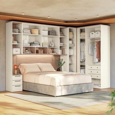 Guarda-roupa Modulado Canto Reto 166 Toledo 10 Portas e 9 Gavetas Casal 7 peças 354,6 cm largura Areia com Wood