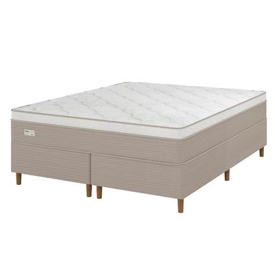 Cama Box King Size Umaflex Milão Bipartida com Revestimento em Malha + Colchão com Euro Pillow e Molas Ensacadas Bege e Branco