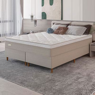 Cama Box King Size Umaflex Milão Bipartida com Revestimento em Malha + Colchão com Euro Pillow e Molas Ensacadas Bege e Branco