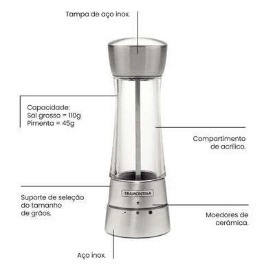 Moedor de Sal ou Pimenta Tramontina em Aço Inox com Regulagem de Tamanho do Grão