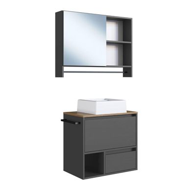 Gabinete Suspenso 60cm Mel Grafite Toalheiro Cuba Espelheira 80cm Conjunto para Banheiro CJ8050.20MG