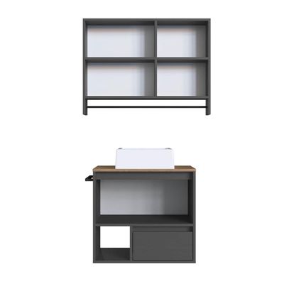 Gabinete Suspenso 60cm Mel Grafite Toalheiro Cuba Espelheira 80cm Conjunto para Banheiro CJ8050.20MG