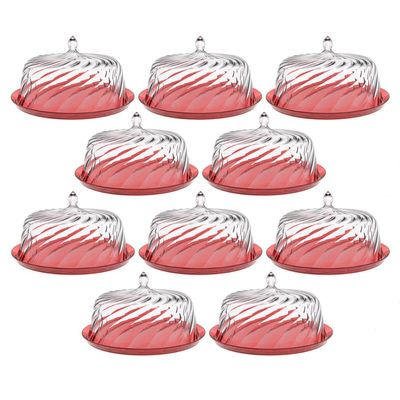 8 Porto Bolos com Cúpula 30cm Torta Doces Crippa Confeitaria Hotel Vermelho Transparente