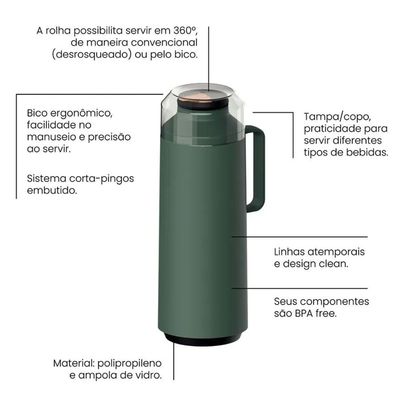 Garrafa Térmica com Sistema Corta Pingos 1L Tramontina em Plástico com Ampola de Vidro Verde