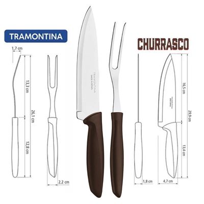 Jogo Faca Churrasco 7' e Garfo Trinchante Tramontina Plenus Aço Inox Cabo Marrom