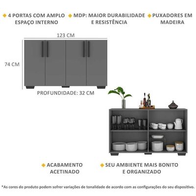 Aparador Buffet 4 Portas Com Pés Viena Grafite Preto