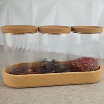 Suporte 3 Potes de Vidro Lyor 500ml Tampa Rolha Porta Mantim
