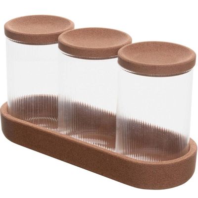 Suporte 3 Potes de Vidro Lyor 500ml Tampa Rolha Porta Mantim