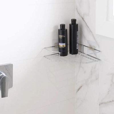 Porta Shampoo de Canto Cromado para Banheiro Prateleira Aramada Moderna Linha Adesiva Utimil